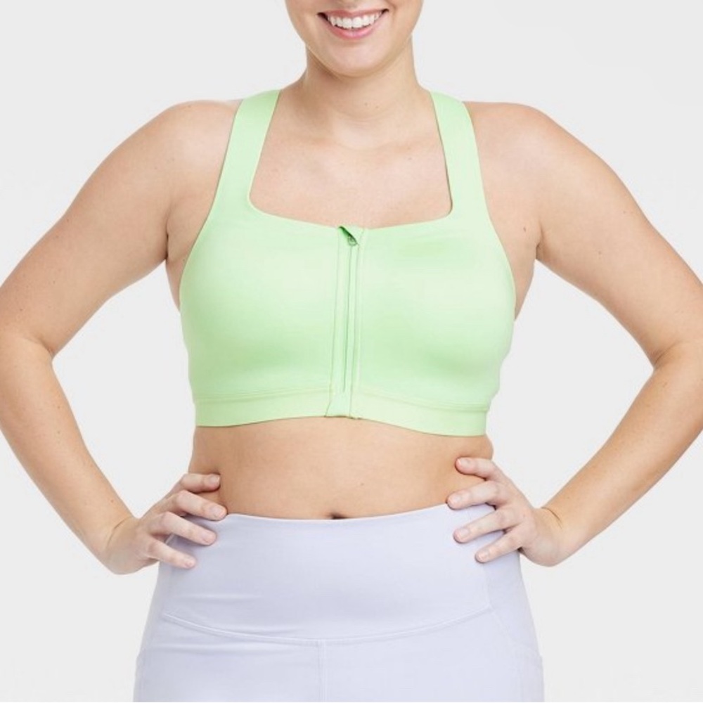 ALL IN MOTION Sculpt High Support Zip-Front Sports Bra Light Green- Size 34C